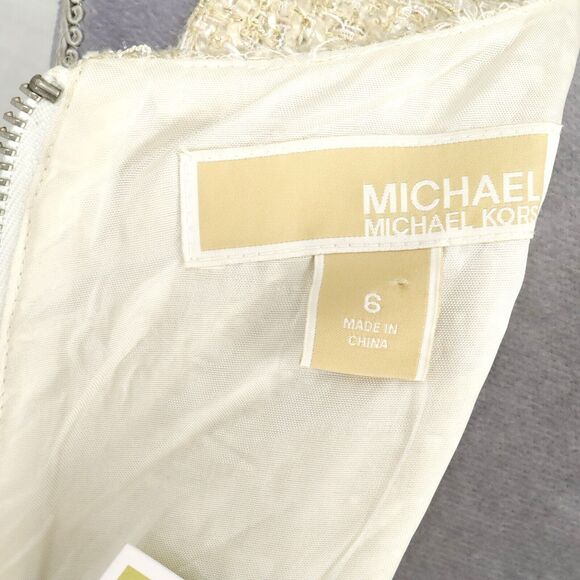 Michael Kors Dress Womens 6 Beige Gold Metallic Tweed Lined Back Zip Pockets New - Picture 3 of 16